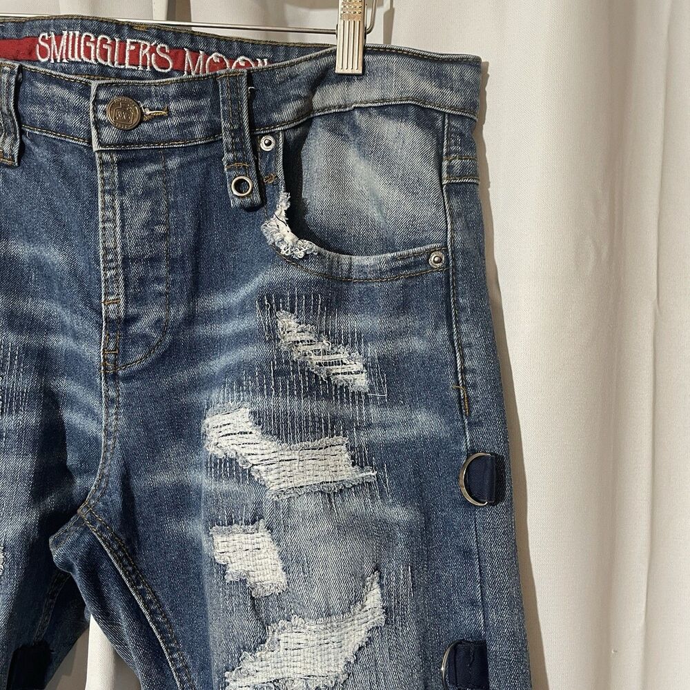 Smugglers Moon Men's Distressed Jeans Patched Buckle Straps Denim Size 36x30